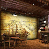 复古怀旧地图大型壁画酒吧电视背景墙纸茶室咖啡3D帆船餐厅壁纸