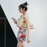 泰国潮牌欧根纱荷叶边海边度假两件套装印花吊带夏装女连体裤短裤