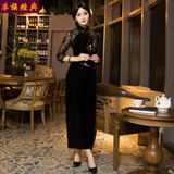 华族经典2016春季新款长款丝绒旗袍黑色中长袖蕾丝气质修身连衣裙