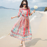波西米亚长裙沙滩裙仙夏天泰国显瘦高腰大码碎花海边渡假连衣裙潮