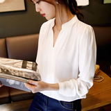 2016春秋季韩版新款V领纯色长袖雪纺衫修身白色打底衬衣衬衫百搭