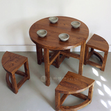 古朴年代实木家具组合小户型简易餐桌椅老榆木圆形咖啡桌洽谈桌子