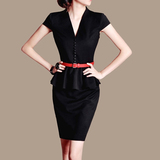 2016夏装新款女装黑色短袖职业装工装假两件套装连衣裙高端商务装