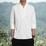 中国风麻布七分袖亚麻衬衫男中式宽松薄款衣服男夏季v领7分袖衬衣