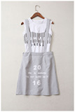 外贸原单 女装时尚字母数字印花无袖T恤+背带裙连衣裙 两件套装