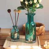 zakka简约透明小花瓶 蓝色手工玻璃插花瓶 美式花瓶花器家居装饰
