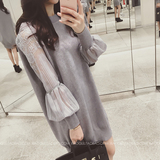 2016秋季新款韩版宽松显瘦中长款毛衣纯色蕾丝灯笼袖针织衫连衣裙