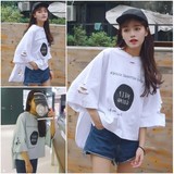 2016夏季新款韩版不规则破洞套头上衣前短后长印花宽松大码T恤女