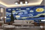 高清木刻效果梵高星空壁画世界名画抽象梦幻背景墙纸客厅背景壁纸