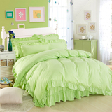 床上用品全棉锻格纯棉酒店公主风荷叶边纯色床裙四件套包邮绿色