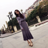 2016韩国新款秋冬圆领套头两件套针织衫时尚包臀长裙套装东大门