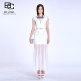 百丝BCVOGA专柜正品16夏时尚蕾丝短袖白色礼服连衣长袖B152TD0506