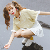 夏季女装韩版小清新花边袖宽松字母百搭短袖条纹T恤学生中袖上衣
