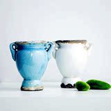 美式乡村欧式地中海 复古做旧冰裂双耳陶瓷花瓶花盆摆件 小号