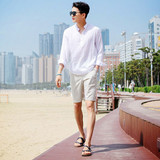 韩国夏季白色棉麻立领衬衫男士休闲长袖衬衣麻料宽松套头小衫男装