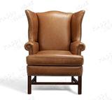 美式乡村皮艺沙发椅欧式时尚后真皮单人高背实木老虎椅法式懒人椅
