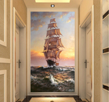 3d立体欧式海浪轮船客厅卧室玄关背景墙纸无缝无纺布大型壁画