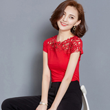 2016夏天韩版镂空大红女上衣修身纯色蕾丝短袖T恤显瘦新款女装棉