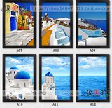 地中海风情蓝色风景有框画建筑挂画希腊爱琴海装饰画客厅三联壁画