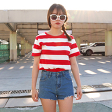 夏季新款韩国短袖上衣黑白红白横粗条纹百搭t恤女打底衫短袖体恤