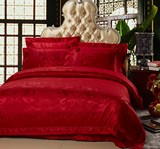 水星家纺纯棉四件套全棉贡缎提花婚庆床上四件套大红1.8m2.0m正品