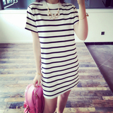 韩版夏季中长款短袖甜美t恤打底衫条纹修身显瘦连衣a字包臀裙女