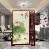 中式屏风隔断时尚客厅卧室茶室 简约现代荷花半透纱布 实木座屏