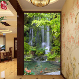 中式3D瀑布风景玄关大型壁画客厅过道走廊背景墙无纺布墙纸壁纸