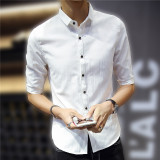 夏季亚麻短袖衬衫发型韩版修身青年男纯色中袖商务七分休闲半袖师