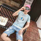 夏季韩版修身潮流男生日系体恤衫青少年印花圆领短袖t恤男装衣服