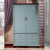 地中海全实木蓝色双开门衣柜 美式简约卧室立柜 客厅储物柜子新款