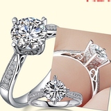 纯银镀18K金钻石戒指 新品微镶皇冠铂金1克拉结婚钻戒裸钻女款