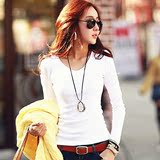 秋季韩版女士上衣服打底衫纯白色纯棉体恤修身显瘦百搭V领长袖T恤