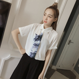 夏装新款2016女装韩版百搭猫咪图案短袖上衣女宽松白色雪纺衬衫