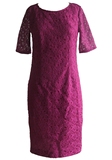 YC00196 KATE SPADE款女装圆领短袖蕾丝布纯色玫红色连衣裙