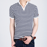 青年韩版短袖T恤潮男立领唯品会特价男装修身条纹纯棉V领上衣薄款