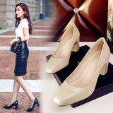 代购韩国 6cm中粗跟办公室白领低帮鞋真皮方头单鞋浅口34码女单鞋