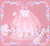 现货 ☆玩具乐园☆日本lolita可爱玩偶粉色兔子格子长袖连衣裙OP