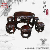 老挝大红酸枝 竹节鼓台餐桌七件套 红木圆形餐桌交趾黄檀餐桌