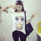 2016夏季新款圆领短袖T恤学生韩版女装3D印花猫头打底衫女生衣服