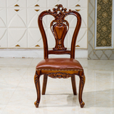 欧式餐椅 全实木雕花餐桌椅 头层牛皮坐包椅子新古典真皮餐厅组合
