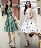 韩国代购2016夏装新款女装气质无袖碎花中长款印花连衣裙蓬蓬裙子