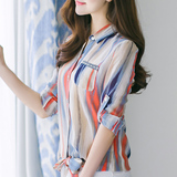 韩范女装折叠中袖半袖五分袖衬衫韩版夏装长袖大码雪纺条纹衬衣女