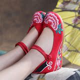 新款北京布鞋春夏季民族风绣花鞋坡跟女鞋厚底高跟内增高汉服鞋