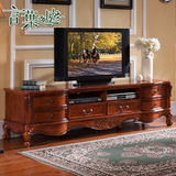 简约美式实木电视柜2米客厅储物地柜矮柜 实木雕花复古整装电视柜