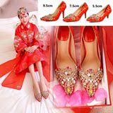 中式秀禾服婚鞋孕妇平底新娘鞋红色水钻尖头细跟伴娘高跟鞋结婚鞋