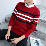 2016新款冬季男士毛衣青少年韩版修身针织衫学生假两件针织羊毛衫