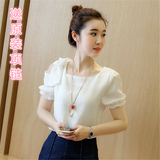 夏装女装2016韩版半袖雪纺衫露肩上衣宽松短袖白色女T恤雪纺小衫