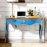 欧式美式复古典雅蓝色高端纯实木雕花玄关地中海艺术多功能书桌