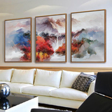 新中式客厅装饰画沙发背景墙挂画三联壁画手绘抽象山水风景油画